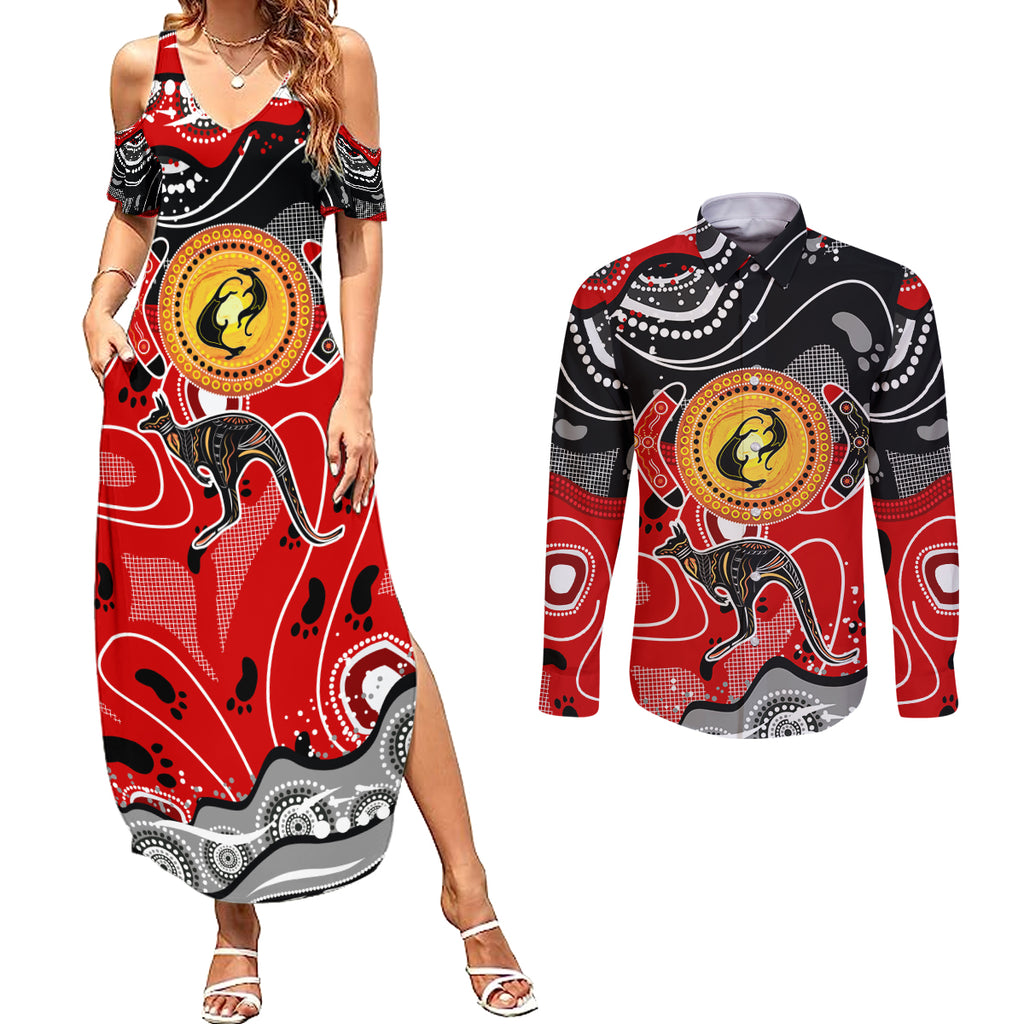 Aboriginal Flag Style Dot Art And Abstract Kangaroo Couples Matching Summer Maxi Dress and Long Sleeve Button Shirt