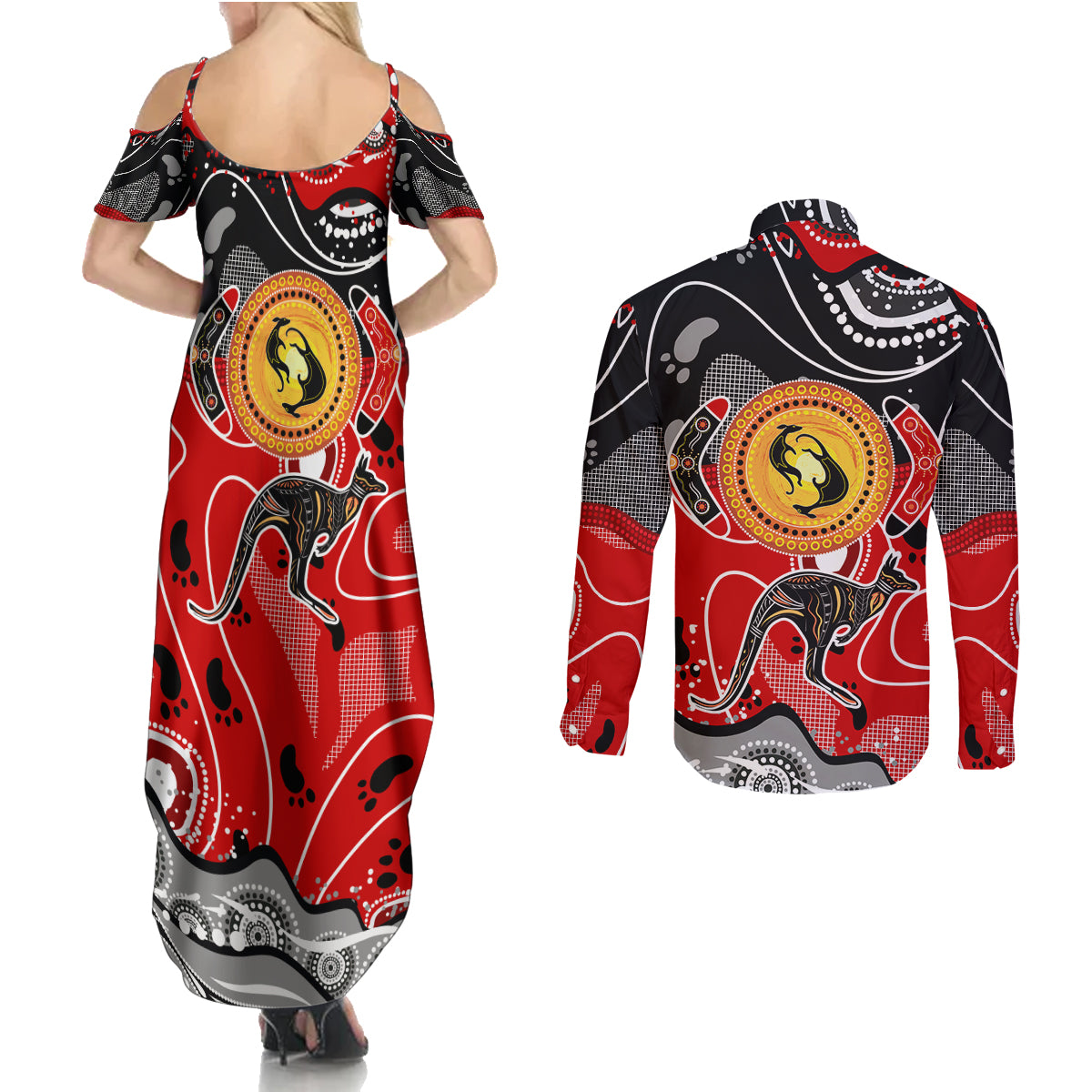 Aboriginal Flag Style Dot Art And Abstract Kangaroo Couples Matching Summer Maxi Dress and Long Sleeve Button Shirt
