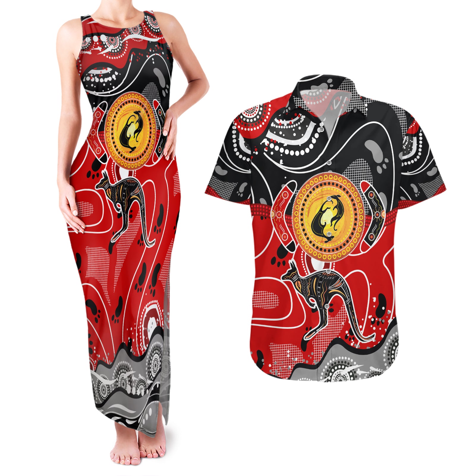 Aboriginal Flag Style Dot Art And Abstract Kangaroo Couples Matching Tank Maxi Dress and Hawaiian Shirt