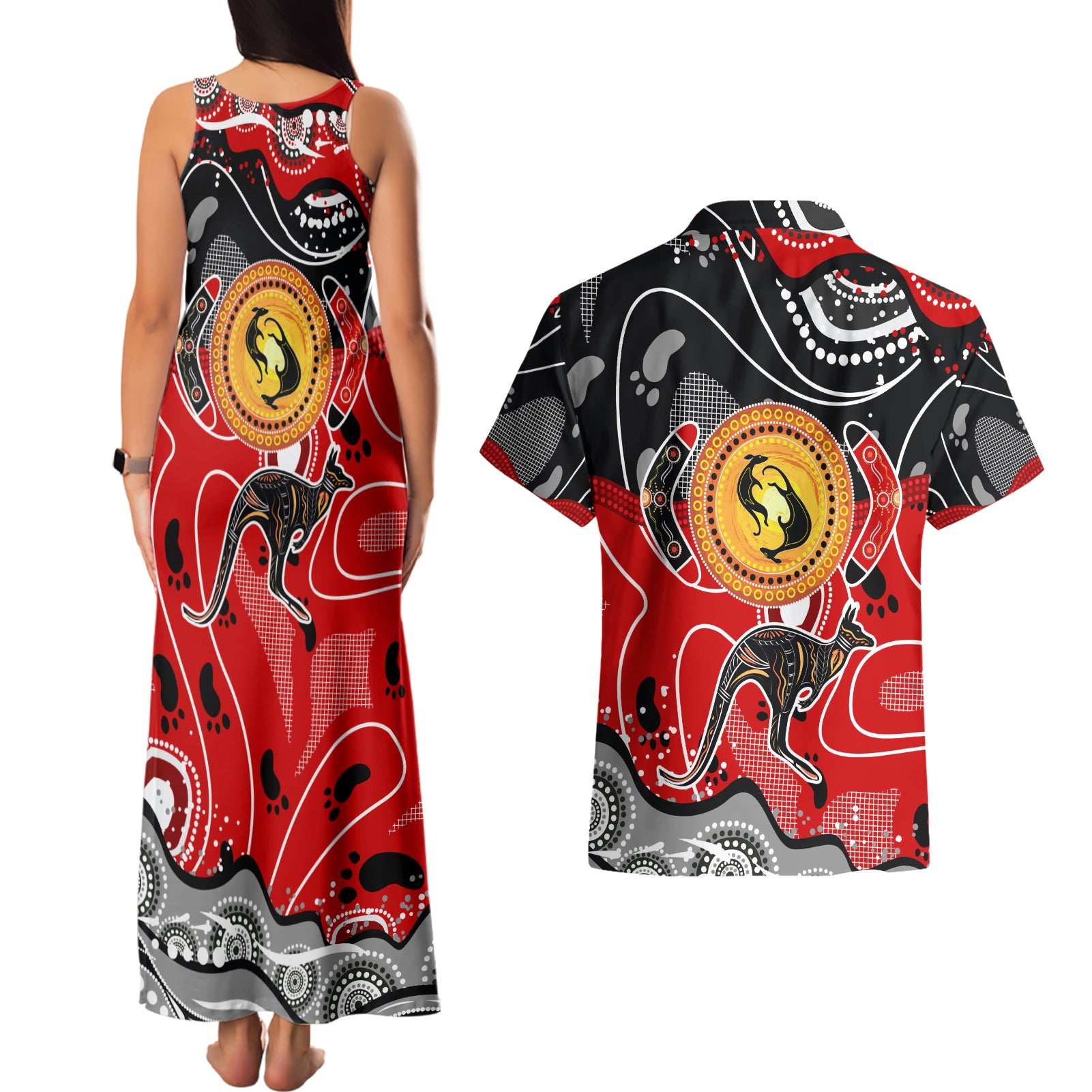 Aboriginal Flag Style Dot Art And Abstract Kangaroo Couples Matching Tank Maxi Dress and Hawaiian Shirt