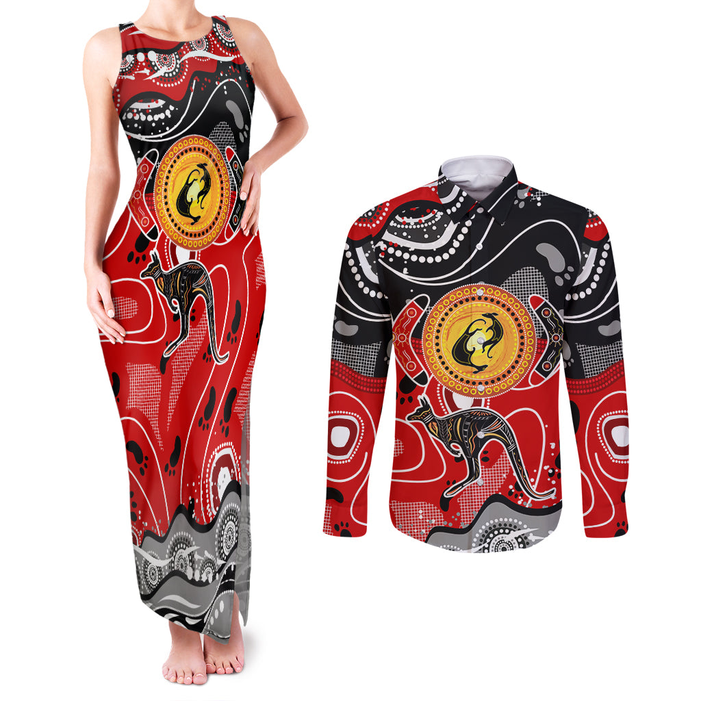 Aboriginal Flag Style Dot Art And Abstract Kangaroo Couples Matching Tank Maxi Dress and Long Sleeve Button Shirt