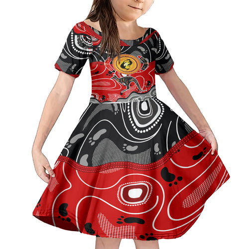 Aboriginal Flag Style Dot Art And Abstract Kangaroo Family Matching Off Shoulder Short Dress and Hawaiian Shirt