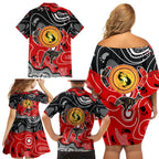 Aboriginal Flag Style Dot Art And Abstract Kangaroo Family Matching Off Shoulder Short Dress and Hawaiian Shirt
