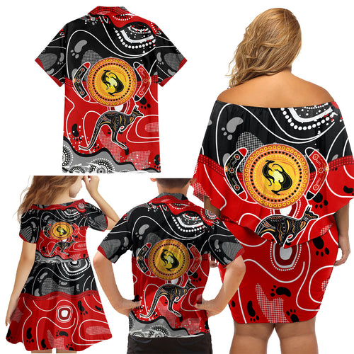 Aboriginal Flag Style Dot Art And Abstract Kangaroo Family Matching Off Shoulder Short Dress and Hawaiian Shirt