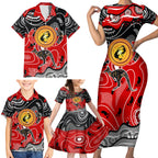 Aboriginal Flag Style Dot Art And Abstract Kangaroo Family Matching Short Sleeve Bodycon Dress and Hawaiian Shirt