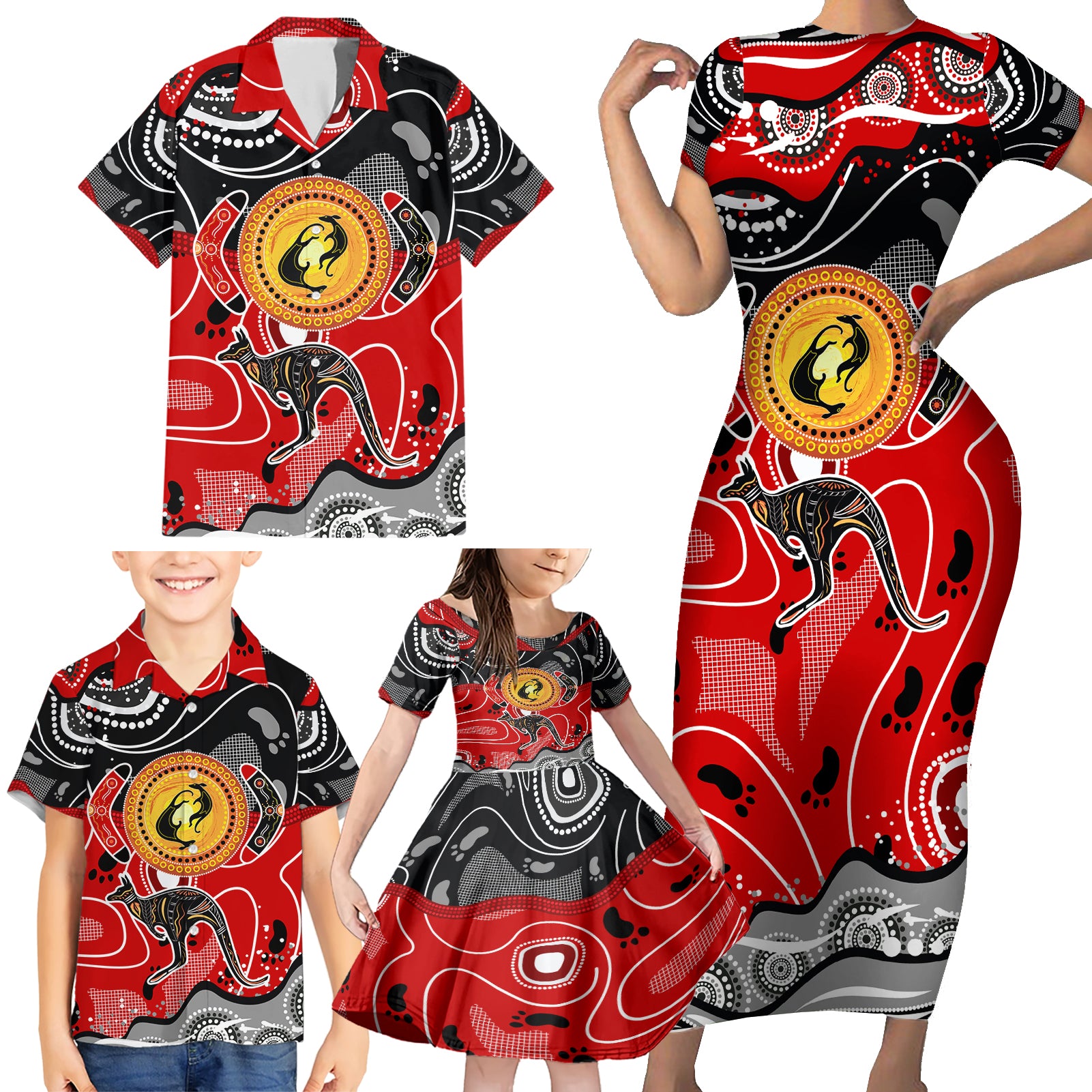Aboriginal Flag Style Dot Art And Abstract Kangaroo Family Matching Short Sleeve Bodycon Dress and Hawaiian Shirt