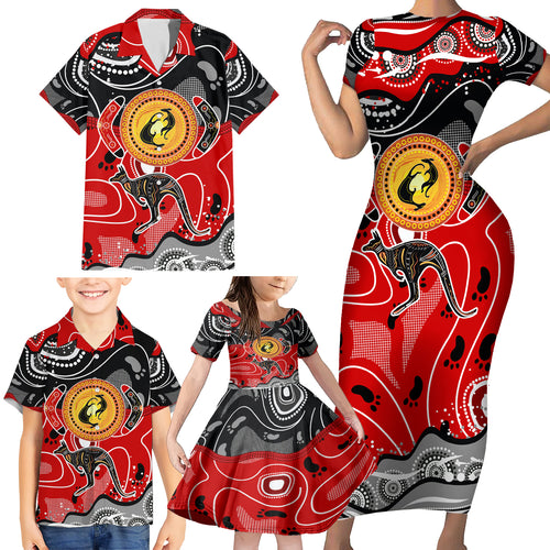 Aboriginal Flag Style Dot Art And Abstract Kangaroo Family Matching Short Sleeve Bodycon Dress and Hawaiian Shirt