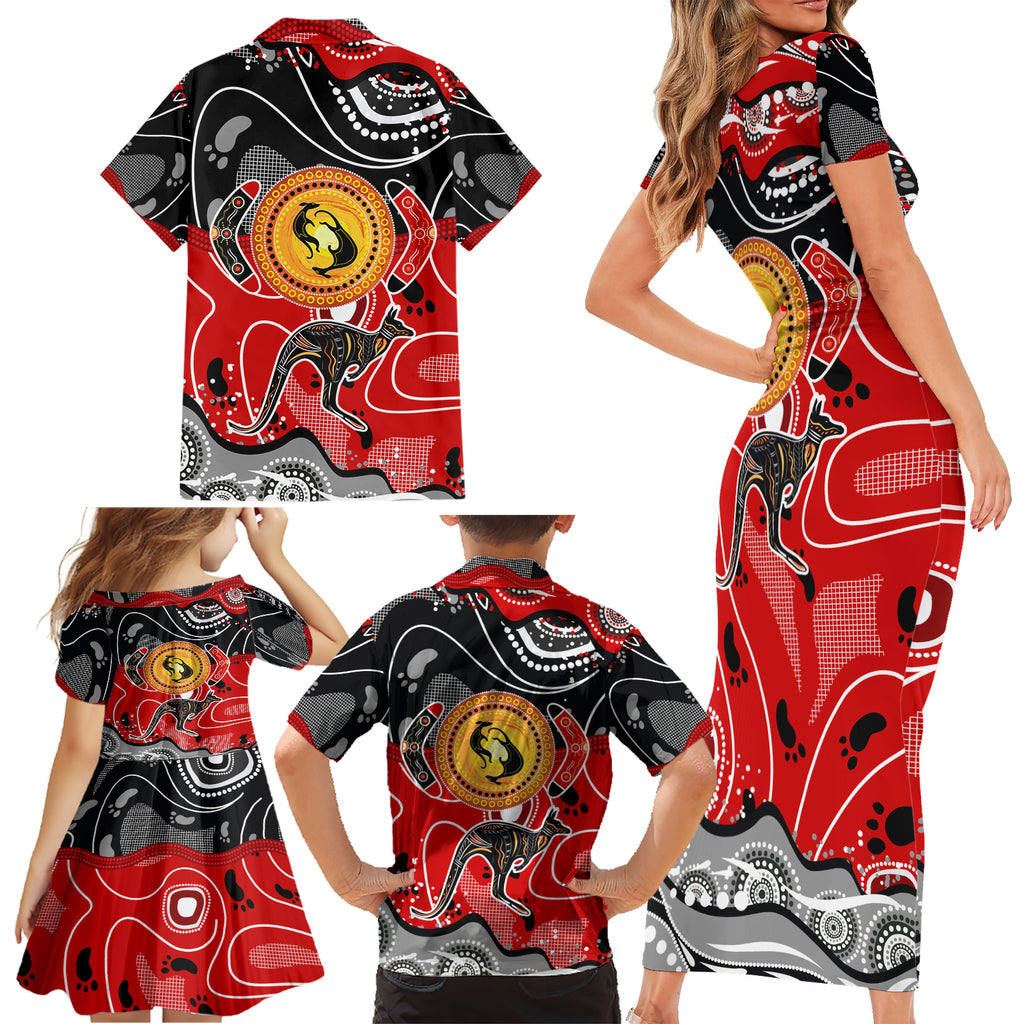 Aboriginal Flag Style Dot Art And Abstract Kangaroo Family Matching Short Sleeve Bodycon Dress and Hawaiian Shirt