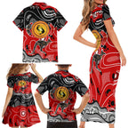 Aboriginal Flag Style Dot Art And Abstract Kangaroo Family Matching Short Sleeve Bodycon Dress and Hawaiian Shirt