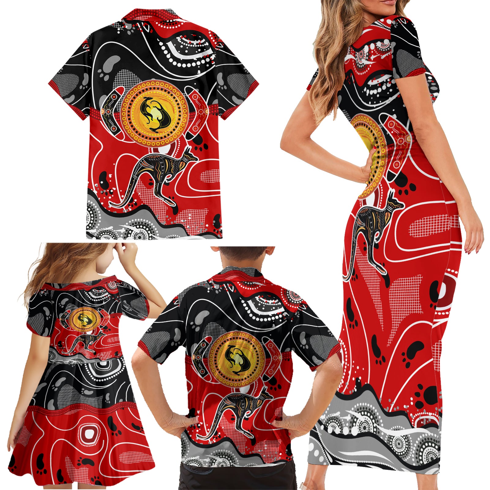 Aboriginal Flag Style Dot Art And Abstract Kangaroo Family Matching Short Sleeve Bodycon Dress and Hawaiian Shirt