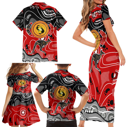 Aboriginal Flag Style Dot Art And Abstract Kangaroo Family Matching Short Sleeve Bodycon Dress and Hawaiian Shirt