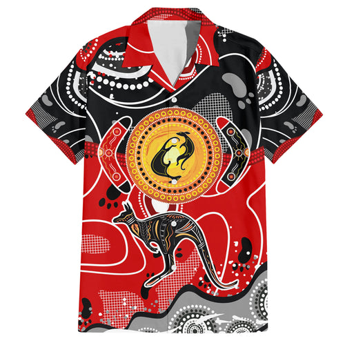Aboriginal Flag Style Dot Art And Abstract Kangaroo Family Matching Short Sleeve Bodycon Dress and Hawaiian Shirt