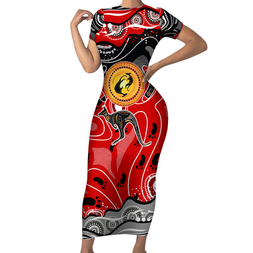Aboriginal Flag Style Dot Art And Abstract Kangaroo Family Matching Short Sleeve Bodycon Dress and Hawaiian Shirt