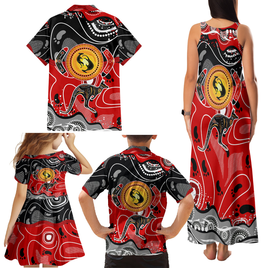 Aboriginal Flag Style Dot Art And Abstract Kangaroo Family Matching Tank Maxi Dress and Hawaiian Shirt