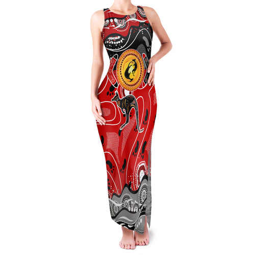 Aboriginal Flag Style Dot Art And Abstract Kangaroo Family Matching Tank Maxi Dress and Hawaiian Shirt