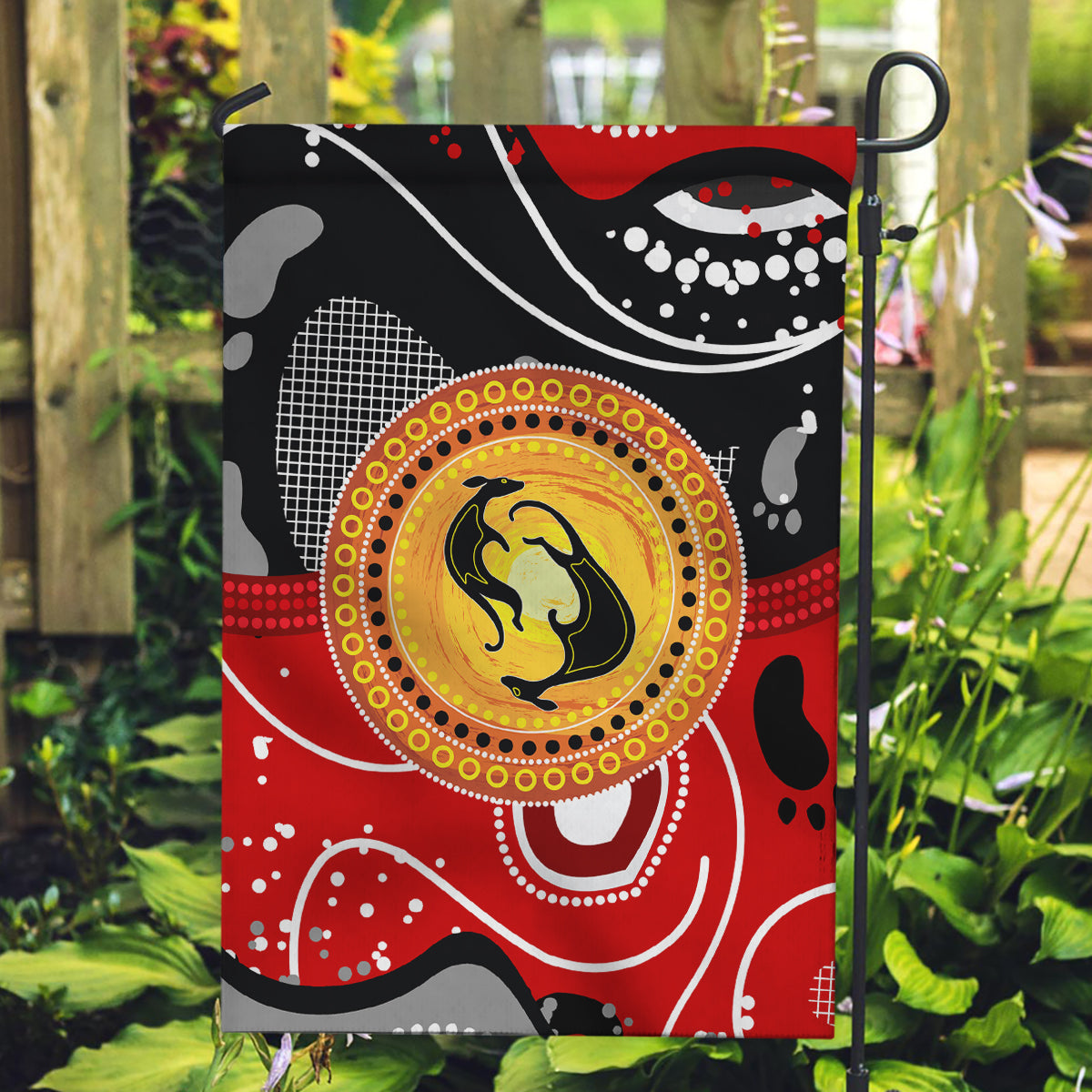 Aboriginal Flag Style Dot Art And Abstract Kangaroo Garden Flag