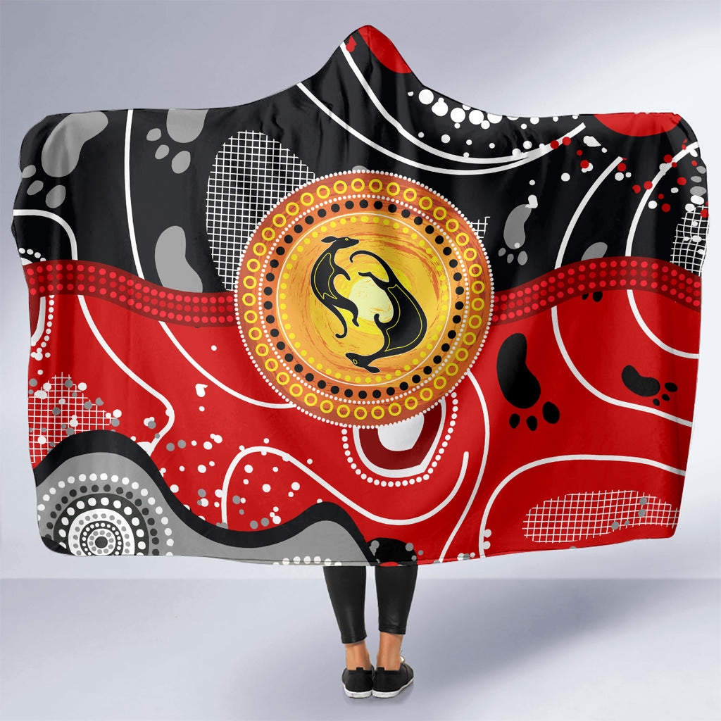 Aboriginal Flag Style Dot Art And Abstract Kangaroo Hooded Blanket