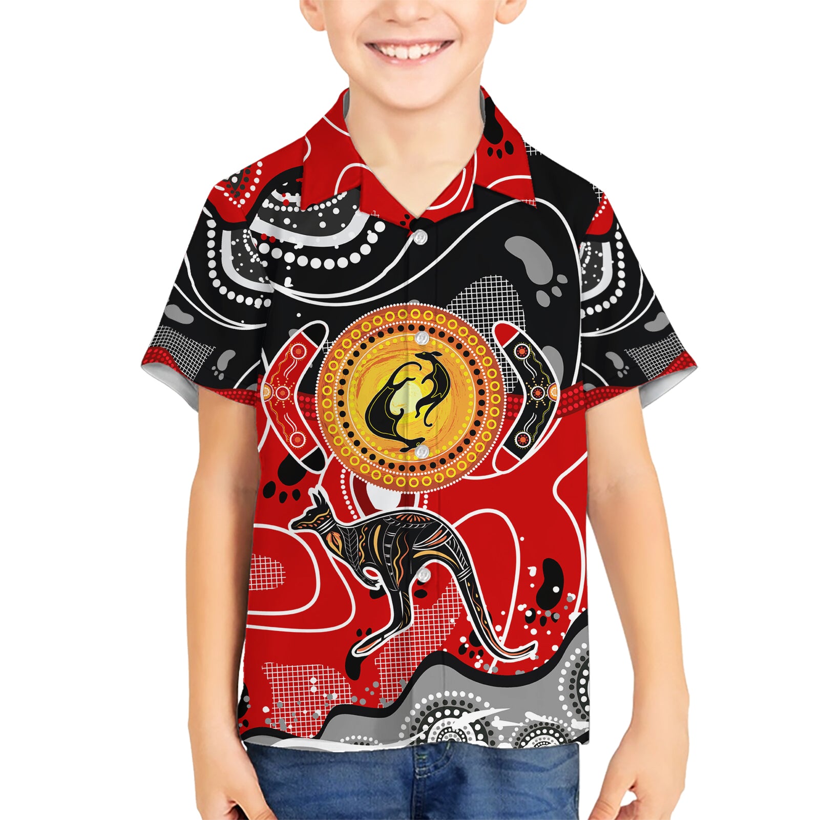 Aboriginal Flag Style Dot Art And Abstract Kangaroo Kid Hawaiian Shirt