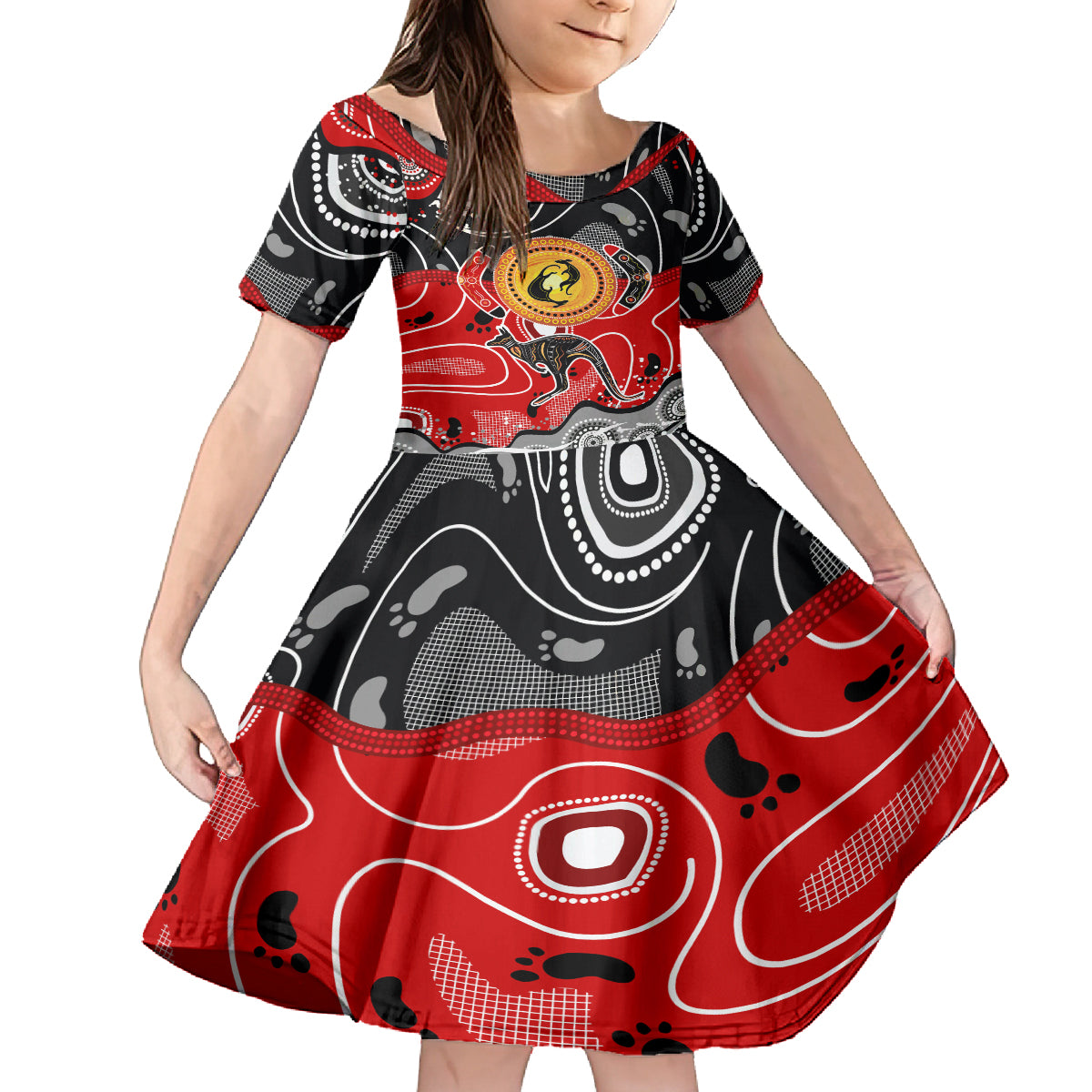 Aboriginal Flag Style Dot Art And Abstract Kangaroo Kid Short Sleeve Dress
