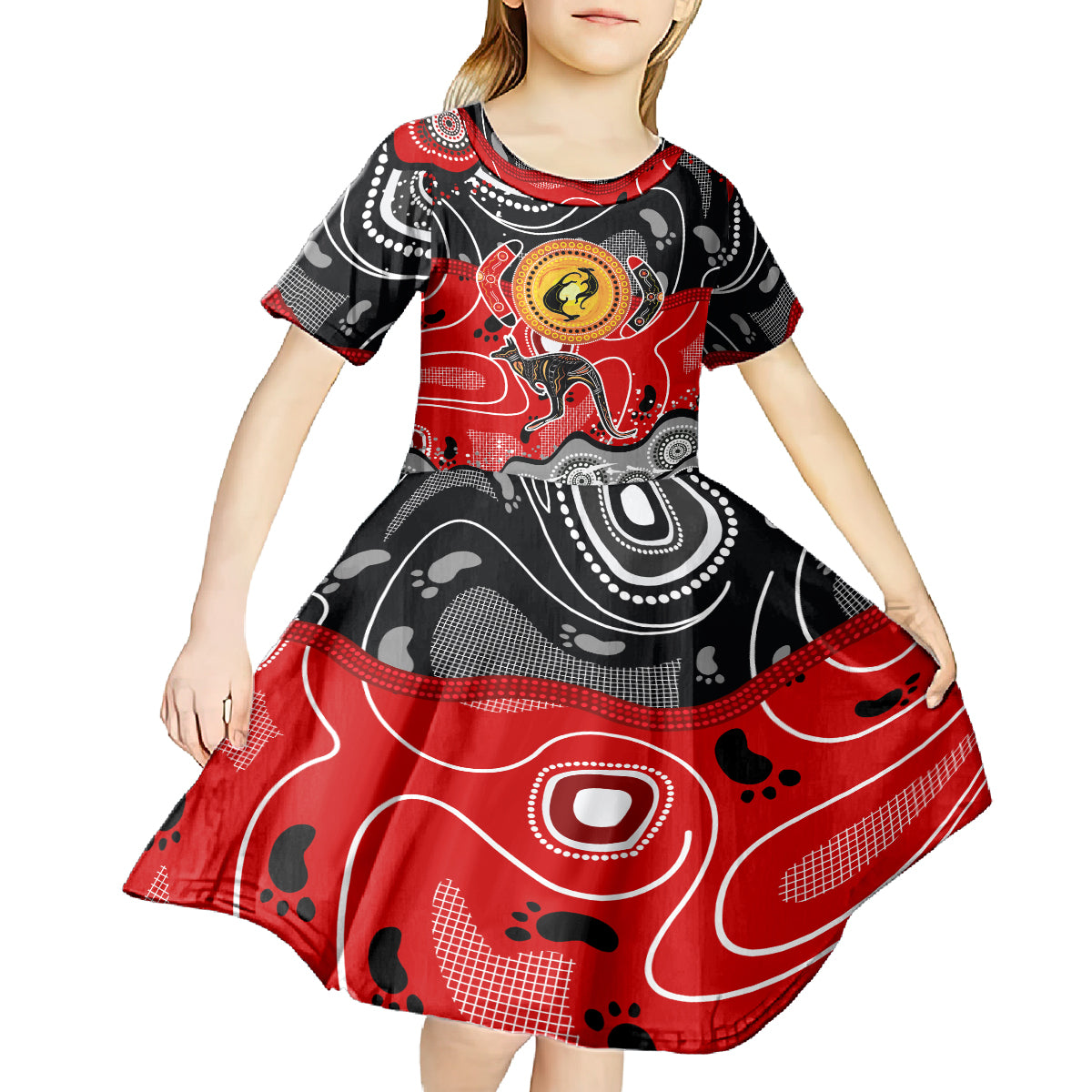 Aboriginal Flag Style Dot Art And Abstract Kangaroo Kid Short Sleeve Dress