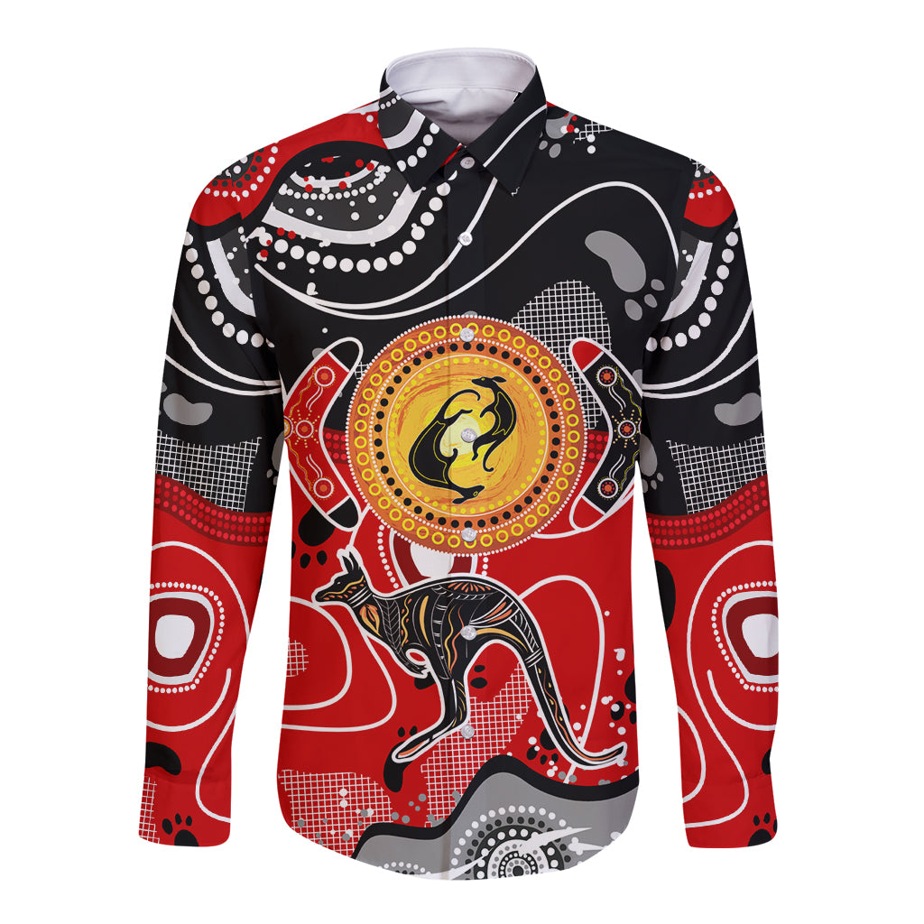 Aboriginal Flag Style Dot Art And Abstract Kangaroo Long Sleeve Button Shirt