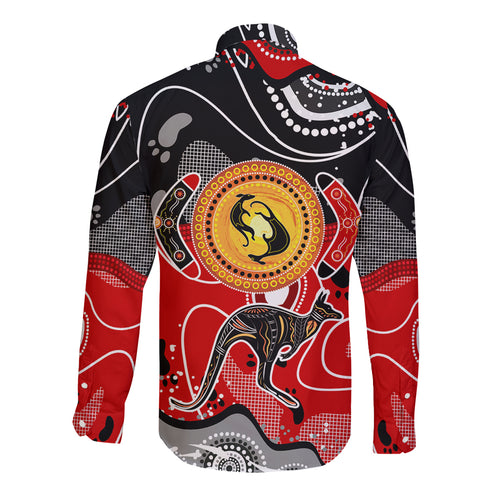 Aboriginal Flag Style Dot Art And Abstract Kangaroo Long Sleeve Button Shirt