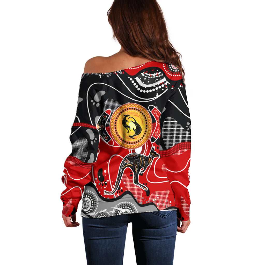 Aboriginal Flag Style Dot Art And Abstract Kangaroo Off Shoulder Sweater