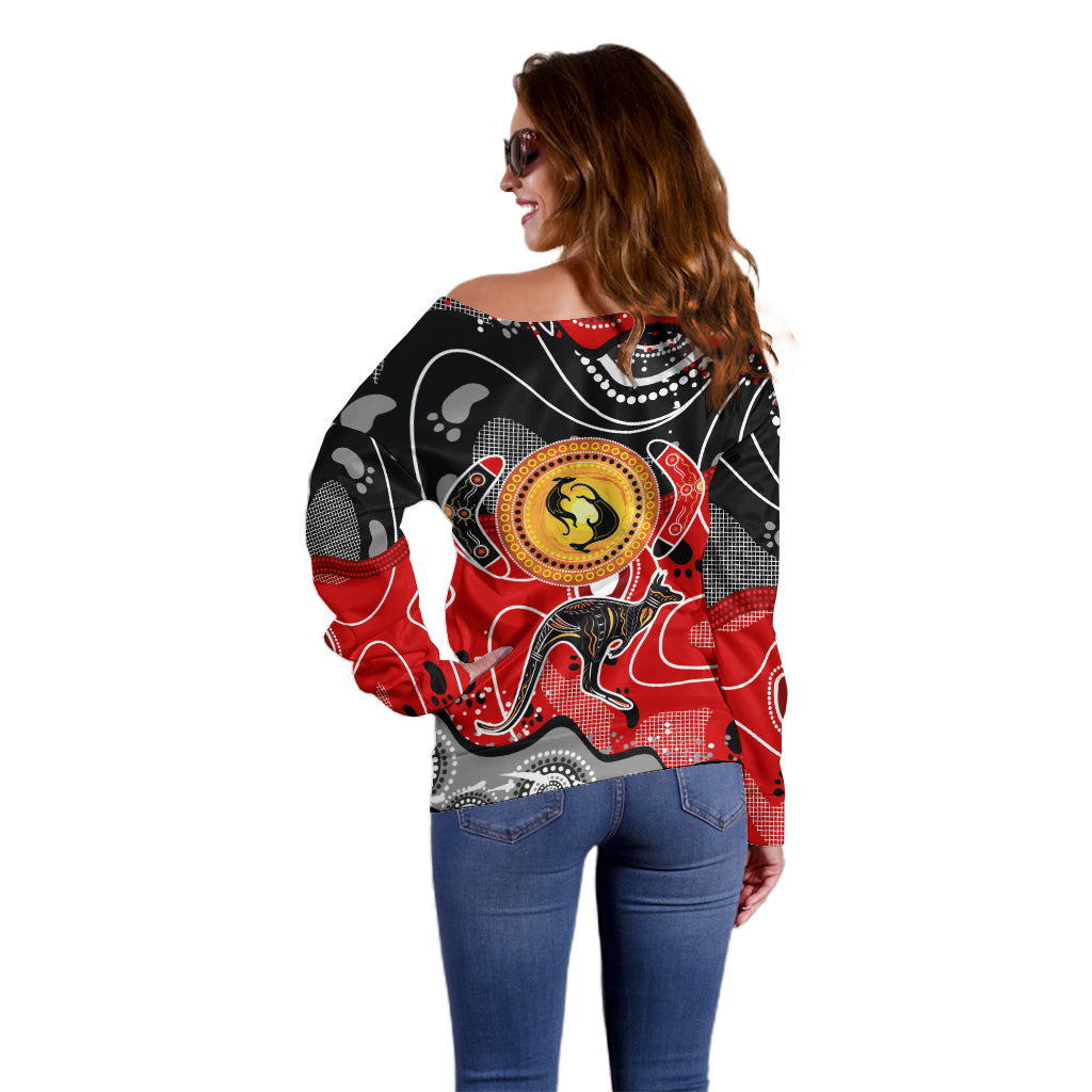 Aboriginal Flag Style Dot Art And Abstract Kangaroo Off Shoulder Sweater