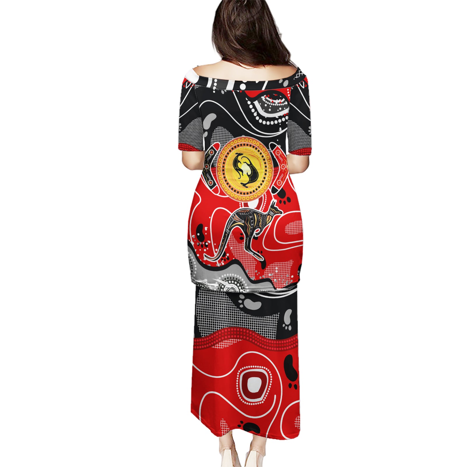 Aboriginal Flag Style Dot Art And Abstract Kangaroo Puletasi