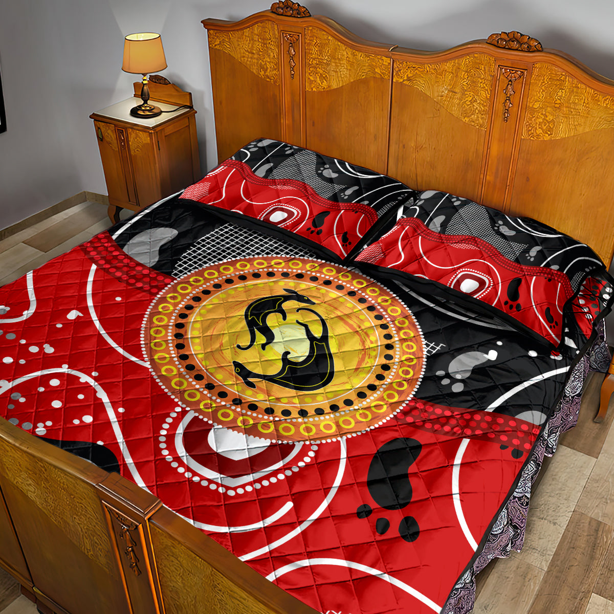 Aboriginal Flag Style Dot Art And Abstract Kangaroo Quilt Bed Set
