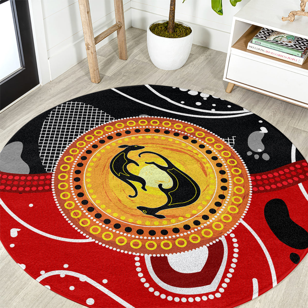 Aboriginal Flag Style Dot Art And Abstract Kangaroo Round Carpet