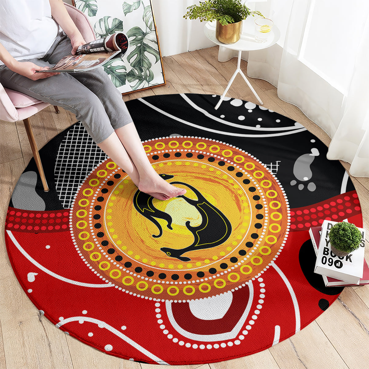 Aboriginal Flag Style Dot Art And Abstract Kangaroo Round Carpet