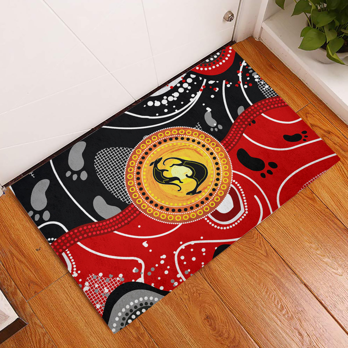 Aboriginal Flag Style Dot Art And Abstract Kangaroo Rubber Doormat