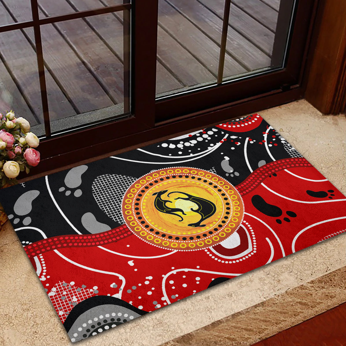 Aboriginal Flag Style Dot Art And Abstract Kangaroo Rubber Doormat