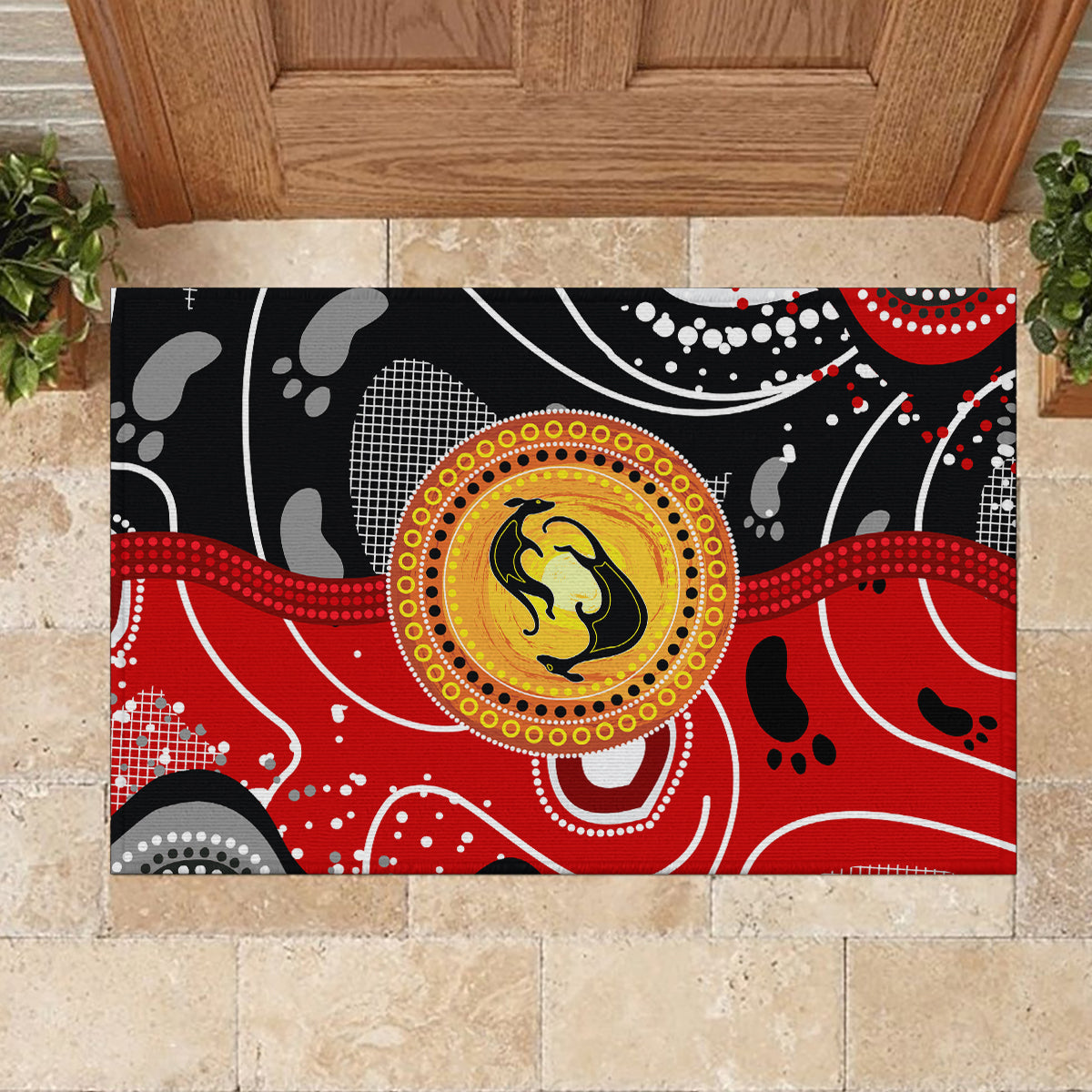 Aboriginal Flag Style Dot Art And Abstract Kangaroo Rubber Doormat