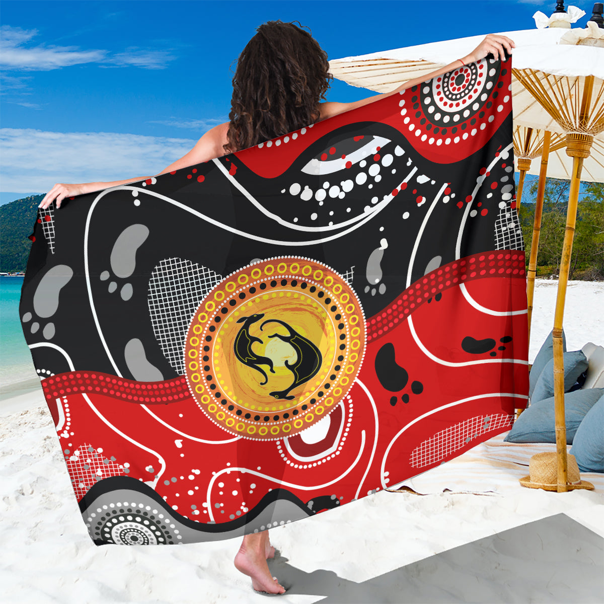 Aboriginal Flag Style Dot Art And Abstract Kangaroo Sarong