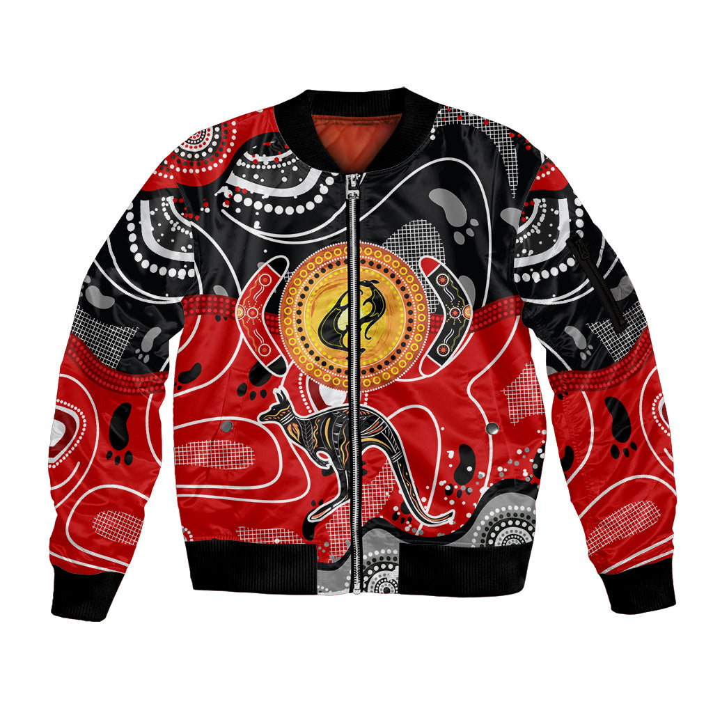 Aboriginal Flag Style Dot Art And Abstract Kangaroo Sleeve Zip Bomber Jacket