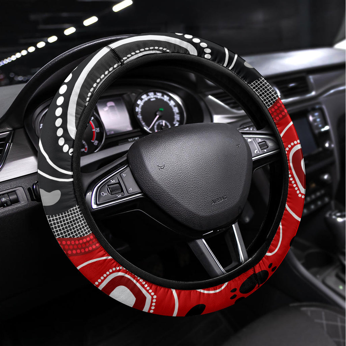 Aboriginal Flag Style Dot Art And Abstract Kangaroo Steering Wheel Cover