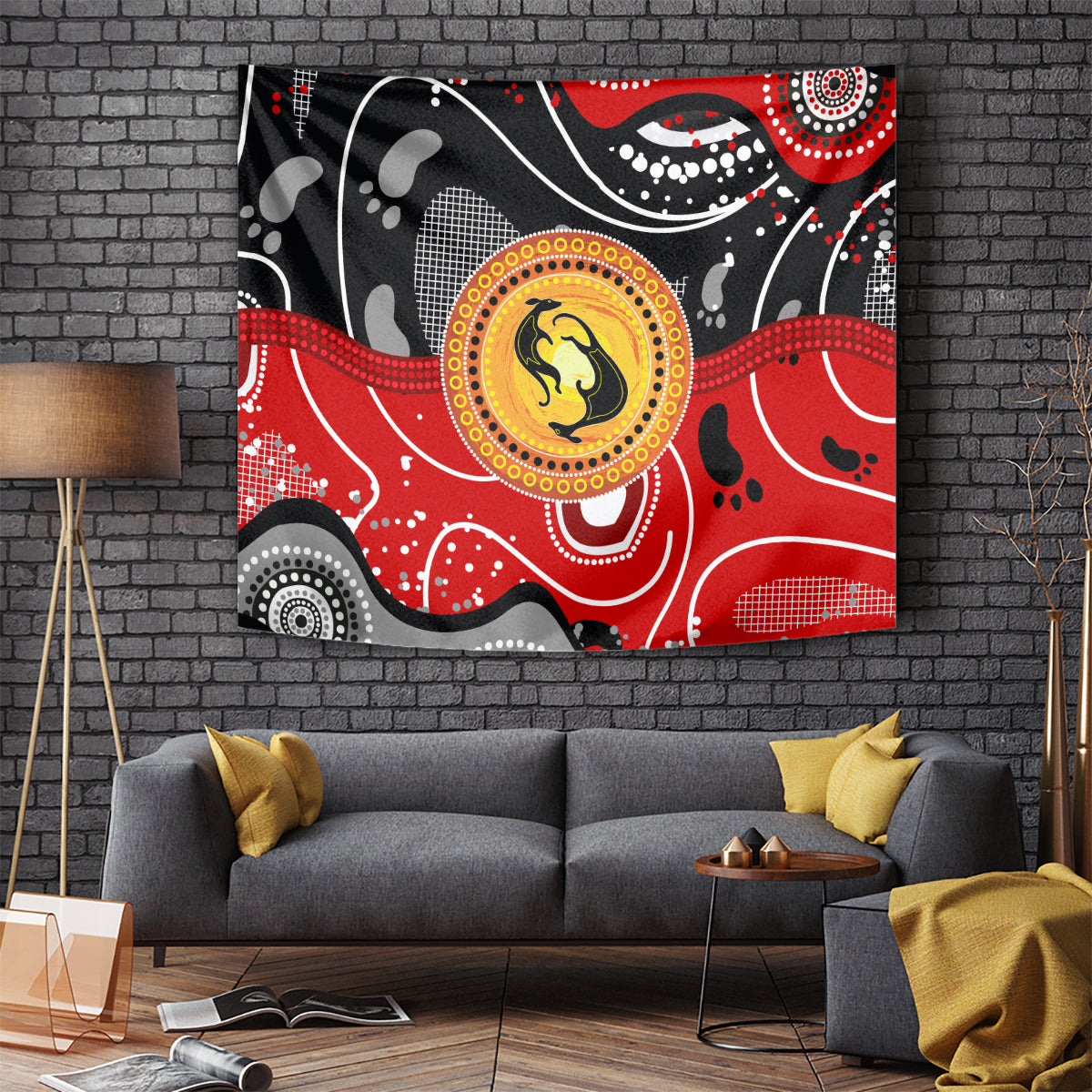 Aboriginal Flag Style Dot Art And Abstract Kangaroo Tapestry