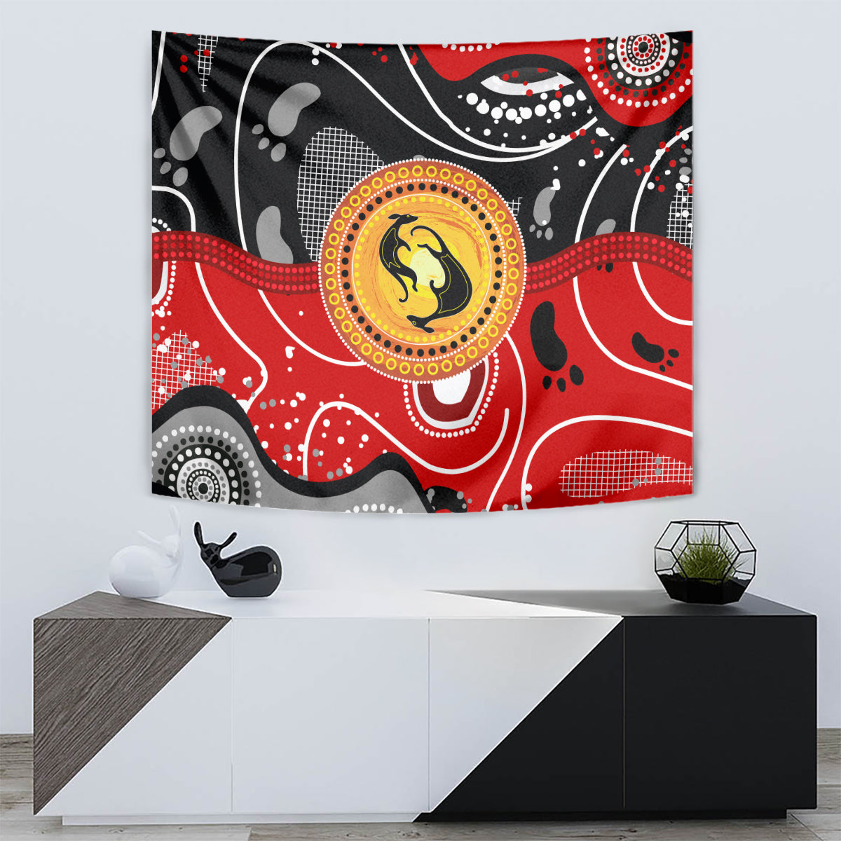 Aboriginal Flag Style Dot Art And Abstract Kangaroo Tapestry