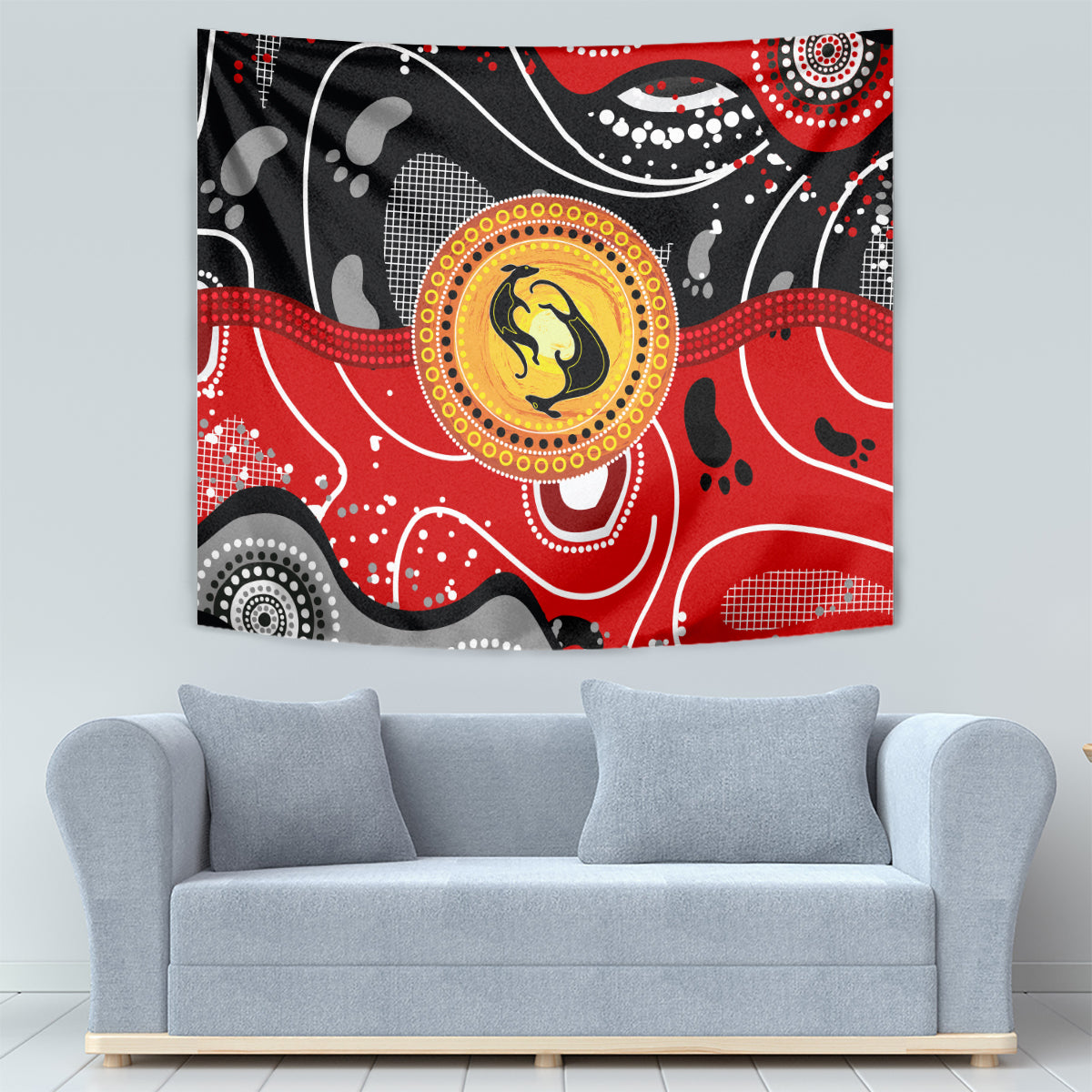 Aboriginal Flag Style Dot Art And Abstract Kangaroo Tapestry