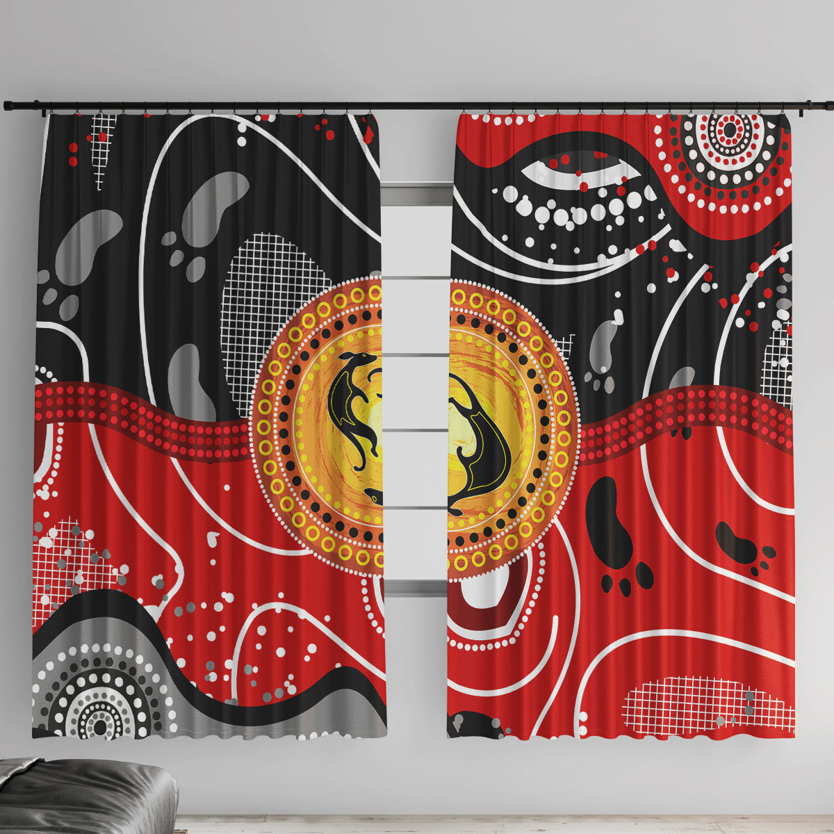 Aboriginal Flag Style Dot Art And Abstract Kangaroo Window Curtain