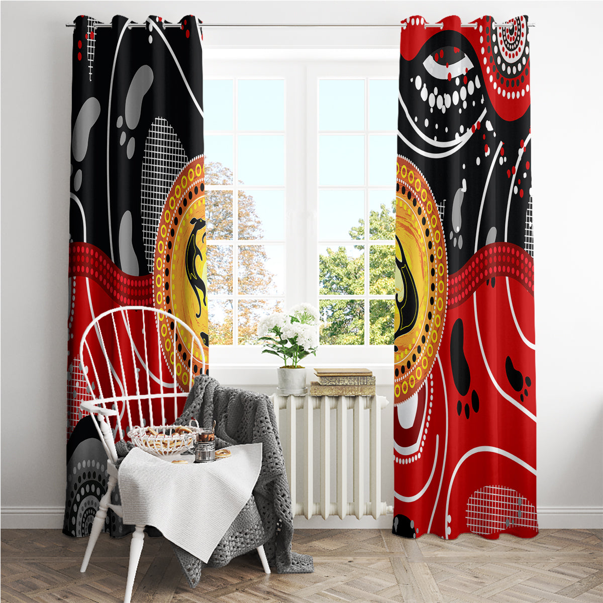 Aboriginal Flag Style Dot Art And Abstract Kangaroo Window Curtain
