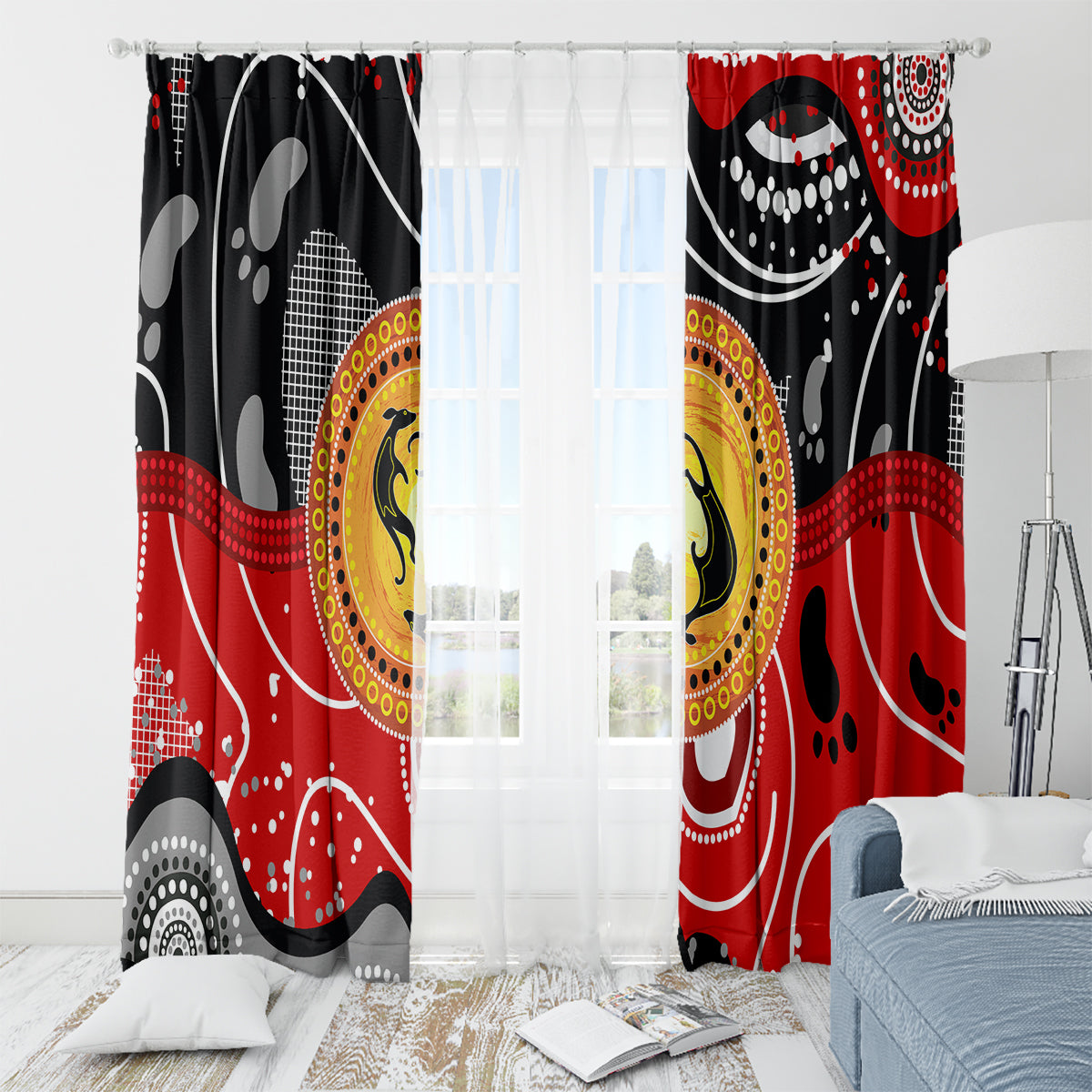 Aboriginal Flag Style Dot Art And Abstract Kangaroo Window Curtain