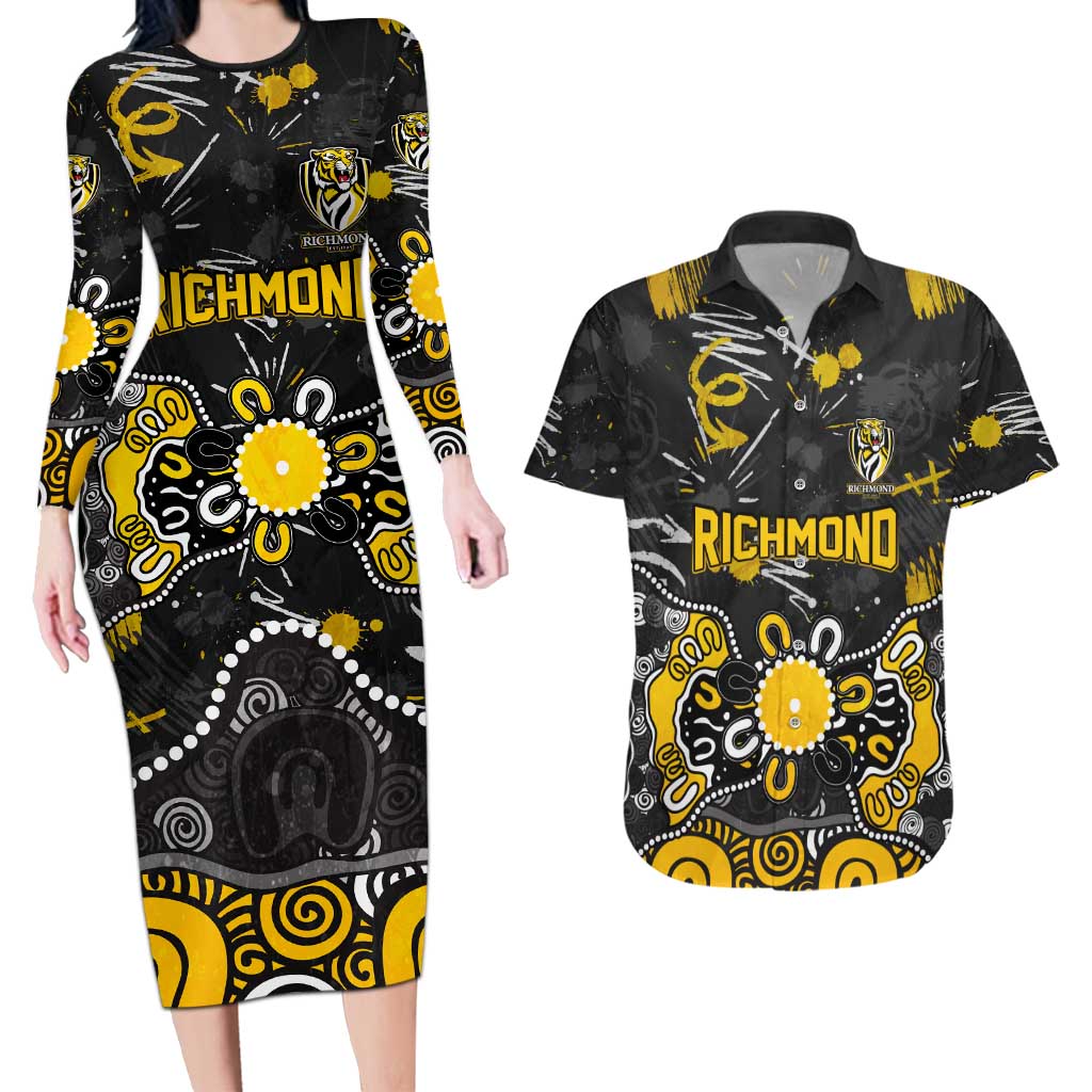 Personalized Richmond Tigers Couples Matching Long Sleeve Bodycon Dress and Hawaiian Shirt Aboriginal Dot Painting Graffiti Style