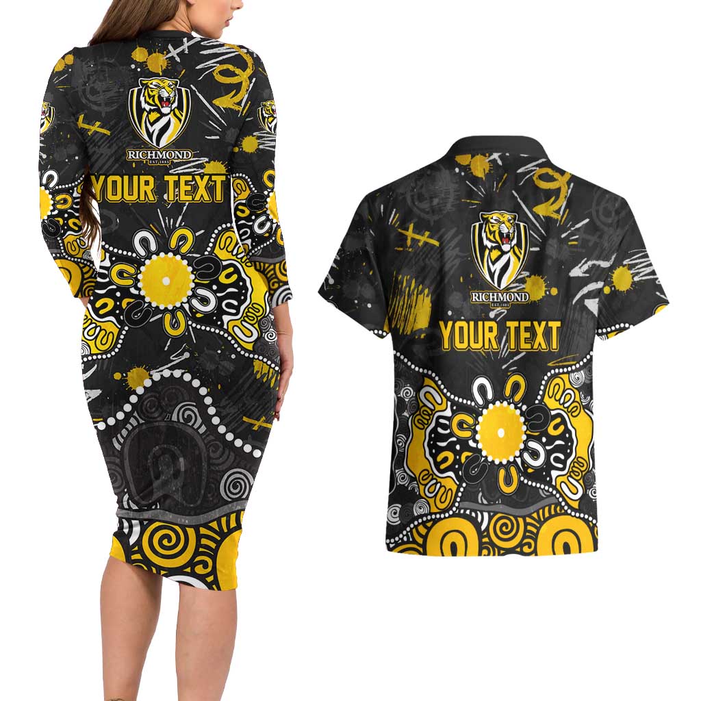 Personalized Richmond Tigers Couples Matching Long Sleeve Bodycon Dress and Hawaiian Shirt Aboriginal Dot Painting Graffiti Style