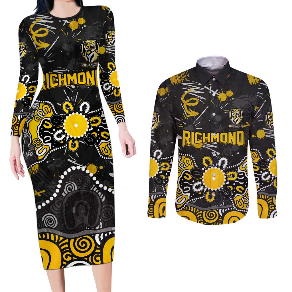 Personalized Richmond Tigers Couples Matching Long Sleeve Bodycon Dress and Long Sleeve Button Shirt Aboriginal Dot Painting Graffiti Style