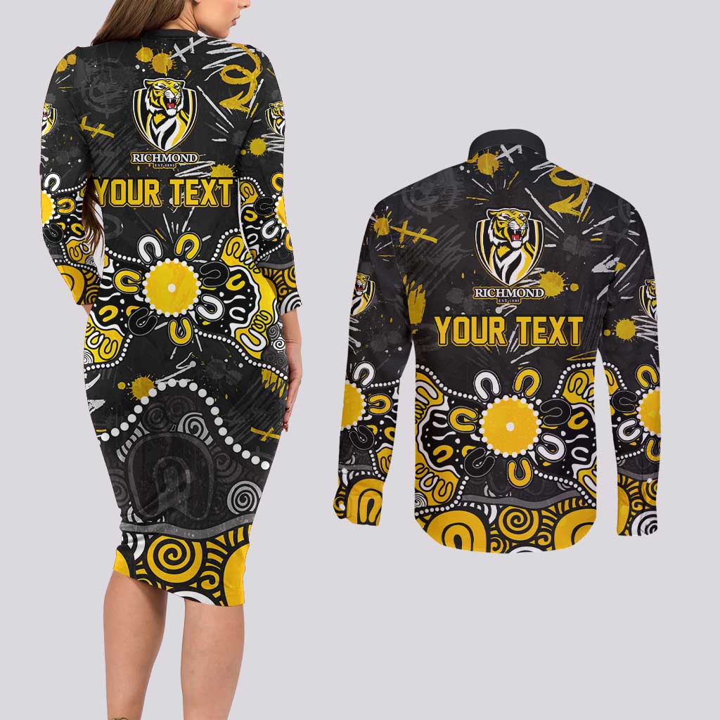 Personalized Richmond Tigers Couples Matching Long Sleeve Bodycon Dress and Long Sleeve Button Shirt Aboriginal Dot Painting Graffiti Style