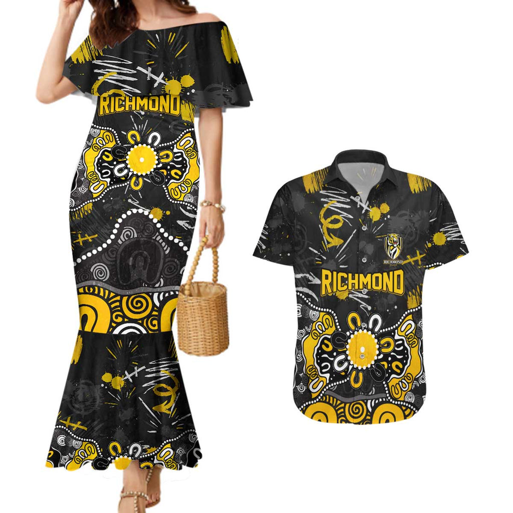 Personalized Richmond Tigers Couples Matching Mermaid Dress and Hawaiian Shirt Aboriginal Dot Painting Graffiti Style
