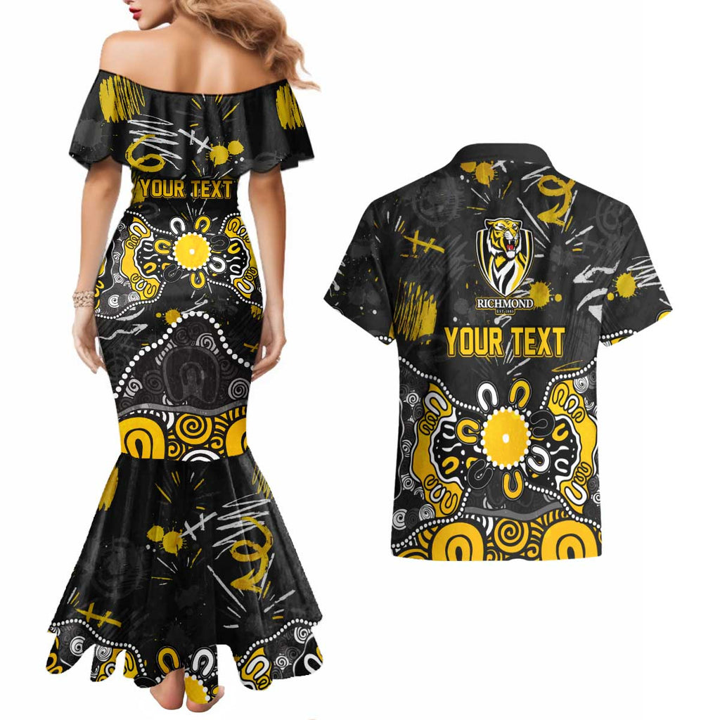 Personalized Richmond Tigers Couples Matching Mermaid Dress and Hawaiian Shirt Aboriginal Dot Painting Graffiti Style